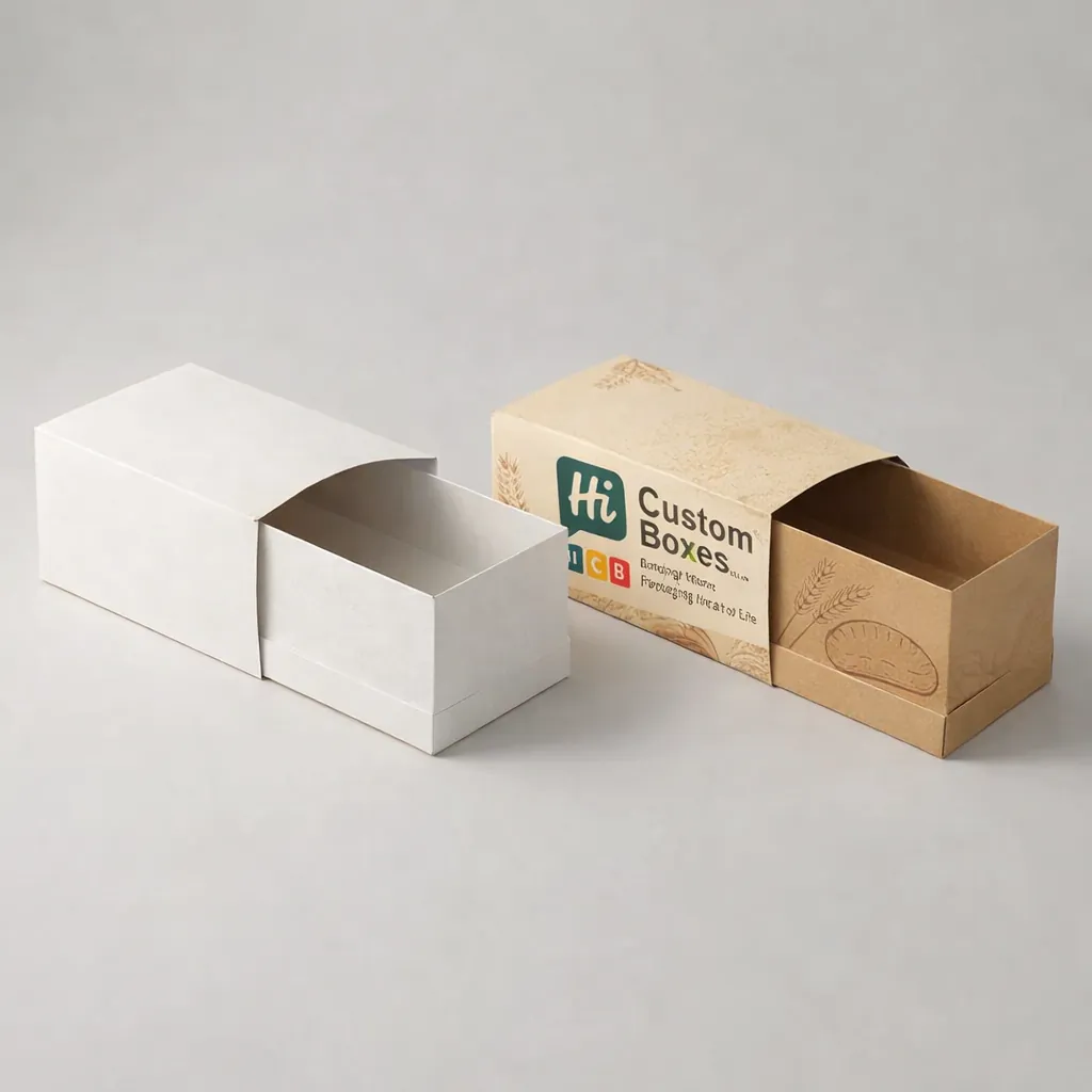 Sleeve style bread packaging with a white outer cover and a printed brown inner tray showing. class=